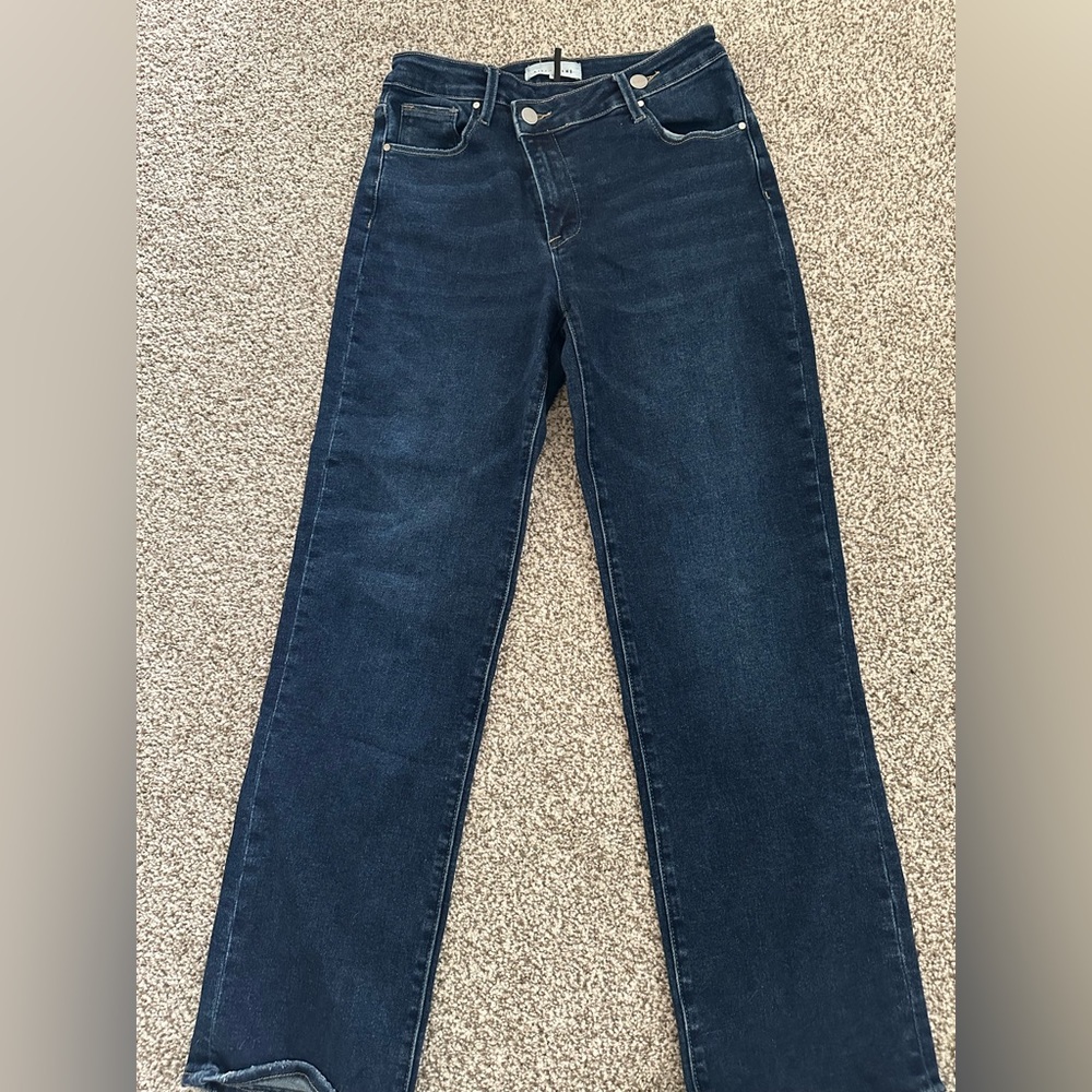 Risen Straight Leg Jeans.  Crossover waist detail! 7/28